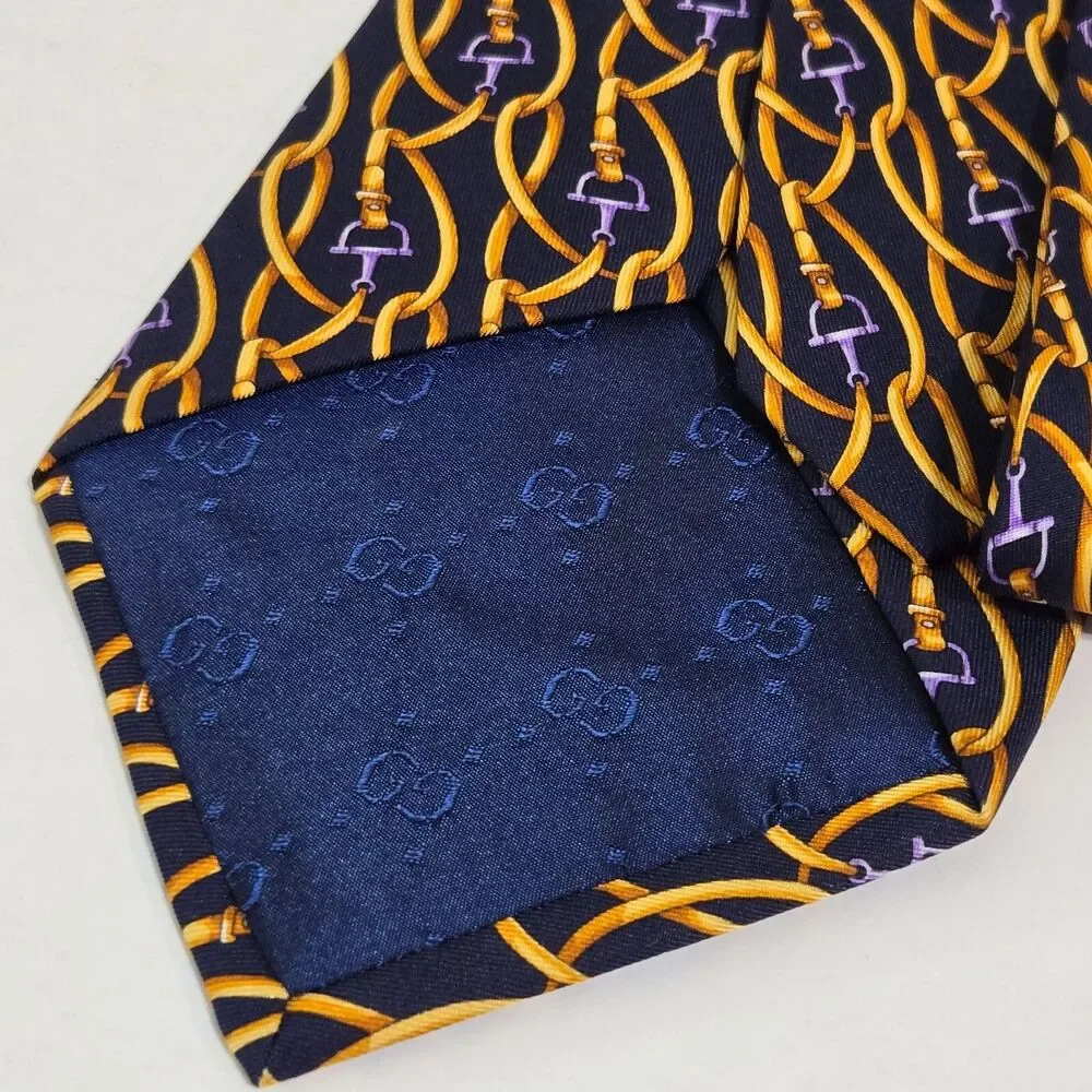 GUCCI Mens Tie Horsebit Pattern bridle‎ belt Silk Italy Blue Gold Old Money